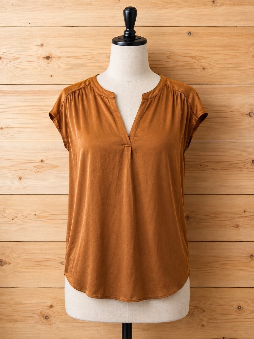 Tahari Burnt Orange Cap-Sleeve Split-Neck Blouse